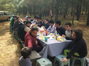 Some of the young people having breakfast
